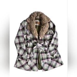 Body Central Vintage Y2K 2000s Plaid Women's Coat with Faux Fur Collar Large